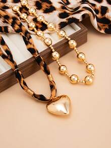 2pcs/Set Bohemian Style CCB Heart Pendant Leopard Print Necklace, Elegant Fashion For Party, Casual Daily Wear, Couple Date, Women's Birthday, Holiday, Versatile Jewelry Gift - Necklace - View 8