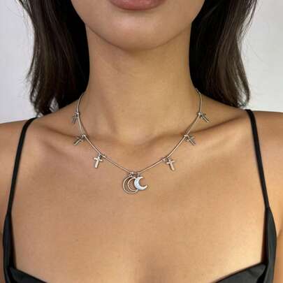 1pc Eid Mubarak Fashionable Casual Moon & Cross Pendant Necklace, Suitable For Women's Daily Wear, Bride Wedding Party, Holiday Gift