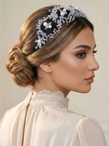 1pc Handmade Crystal Flower Headband, Elegant Pearl Wide-Banded Headpiece Suitable For Brides, Weddings, Celebrations, Gifts, Dates, Casual Wear - Black - View 5