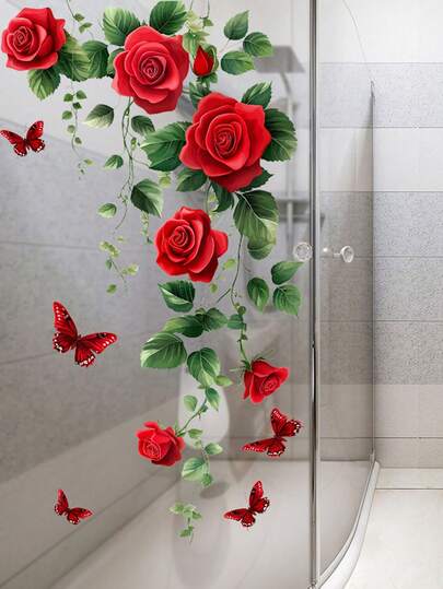Vinilos decorativos de pared con rosas rojas románticas, hojas y mariposas en acuarela. Adhesivos removibles y autoadhesivos para decorar baños, ventanas, puertas, salas de estar, dormitorios, gabinetes, televisores y talla grande. Decoración de pared DIY.