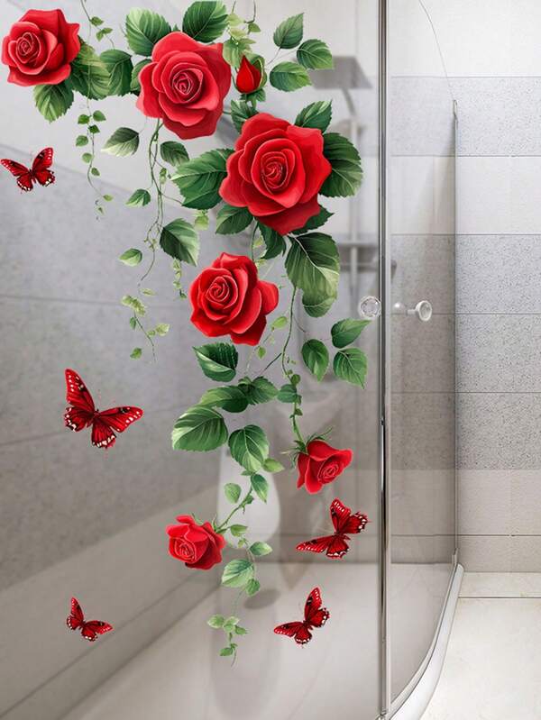 רומנטי אדום ורד גפן קיר אמנות מדבקות נשלף דביק בצבעי מים פרחוני צמחים עלים פרפרי קיר מדבקות קילוף והדבקה לחדר אמבטיה זכוכית חלון דלת סלון חדר שינה ארון דלת טלוויזיה רקע קיר דקור DIY אמנות ציורי קיר