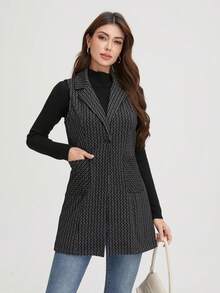 1pc Striped Knit Fabric Sleeveless Jacket With Pockets, Suitable For Everyday Wear In Spring, Summer, And Autumn - Black - View 6