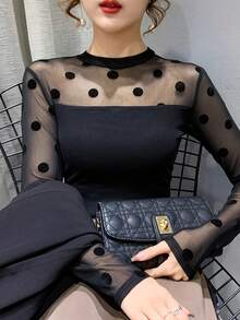 加大码蕾丝吊带背心 女士长袖性感打底衫 2025春秋新款植绒百搭外套T恤上衣 休闲黑色 - 黑色 - 查看 3