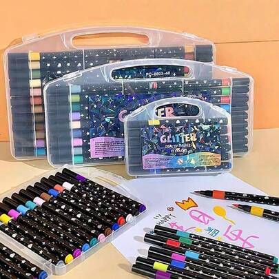 12/24/36/48색 아티스트 글리터 마커 펜 세트, 가는 선 스케치 마커 펜, 성인 색칠 공부, 페인팅, 스케치, 혼합 미디어 및 드로잉 미술 용품 세트, 학용품, 아크릴 펜, 형광펜