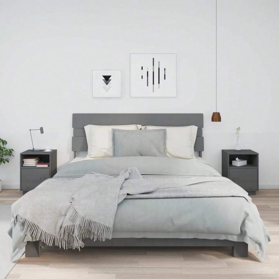 vidaXL Nachttische, 2 Stück, Grau, 40 x 34 x 55 cm, Massivholz Kiefer - Grau - Übersicht 1