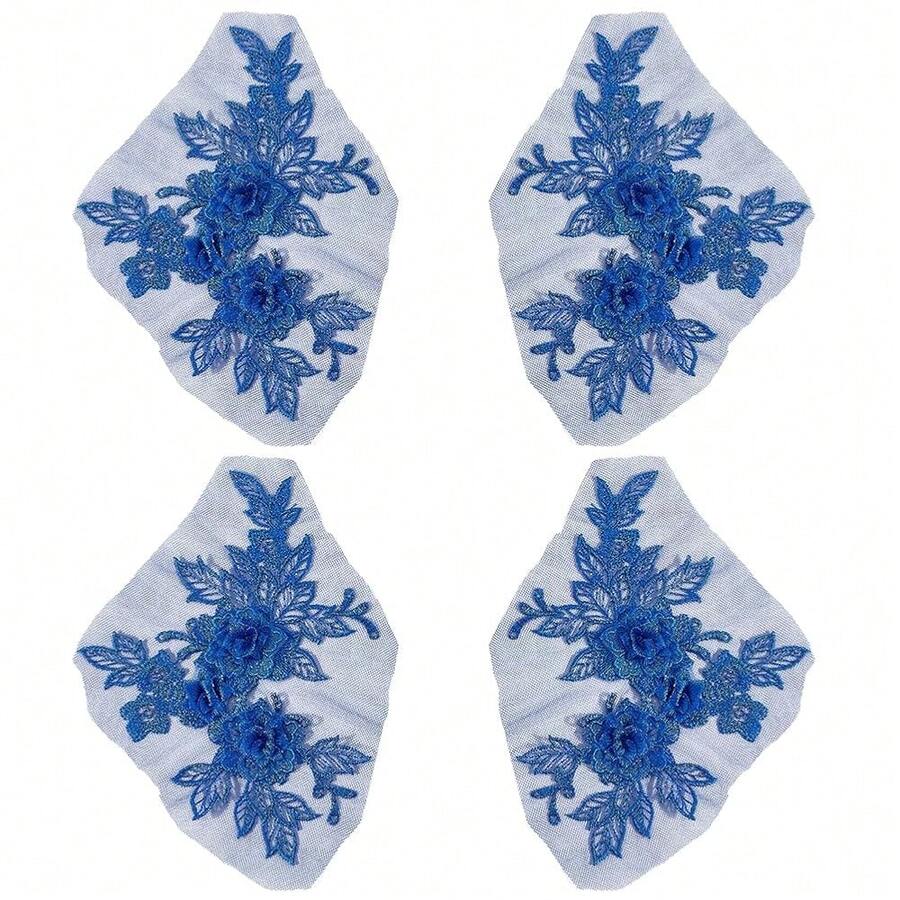[Free Shipping]4Pcs Blue Flower Lace Applique 3D Floral Embroidery Vintage Appliques Polyester Soild Embroidered Trim Sew On Patches Bulk For Sewing MaFKing Dresses Clothes Gowns Wedding Bridal Costumes DIY - 皇家藍 - 查看 1