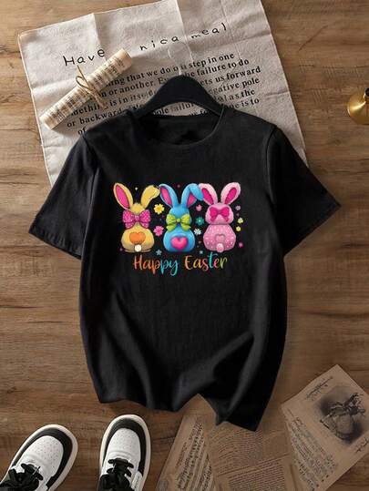 Women's Country Concert Cartoon Pattern Black T-Shirt Sweetheart Collar Short Sleeve Modem Spring/Fall Plus-Size T-Shirt Easter Graphic Tees Women