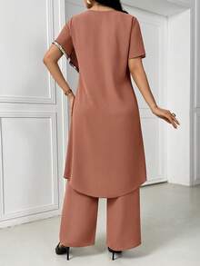 女士休闲度假风亮片饰边裹身不对称下摆长款上衣和阔腿长裤阿拉伯风格服装套装，夏季套装，春假装，情人节装，优雅派对装，生日套装，度假装，春假装 - 卡其色 - 查看 2