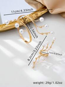 2 Stück/Set Europäischer & Amerikanischer Stil übertriebener geometrischer Hohllinien Perlen eingelegt Armband & Ring Schmuckset, elegante & charmante Accessoires geeignet für den täglichen Gebrauch, Partys, Urlaub - Gold+Weiß - Übersicht 5