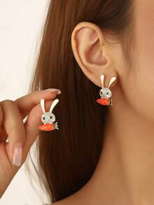 1 Pair Crystal Rabbit & Carrot Stud Earrings, Cute Earrings For Women, Suitable For Daily Wear And Easter Outfit Jewelry - Rabbit Shape - View 4