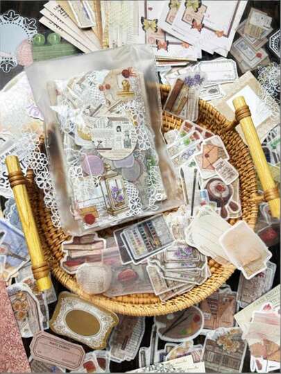 200 szt./opakowanie naklejek dekoracyjnych do scrapbookingu w stylu vintage, z mieszanych materiałów, zawiera naklejki papierowe i papier do rękodzieła