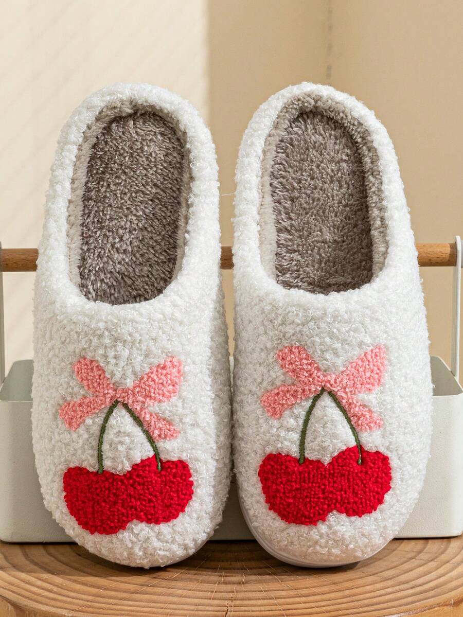 女士冬季保暖拖鞋，带可爱蝴蝶结和樱桃刺绣，平跟室内休闲拖鞋 - 白色 - 查看 1