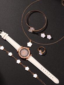 7件套黑色星空石英数字手表套装，搭配6件套幸运花项链、手链、戒指和耳环首饰，适合节日、派对、婚礼和日常佩戴，可作为母亲节或复活节礼物。 - 白色 - 查看 4