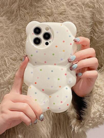 1个3D泰迪熊彩色波点手机壳，可爱卡通设计，适用于 13/14/15/16/17 Pro Max，创意个性化防震保护套