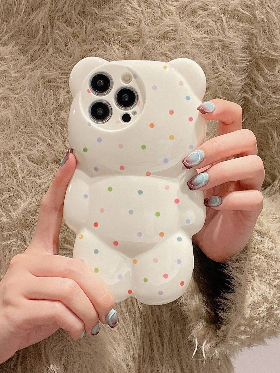 1个3D泰迪熊彩色波点手机壳，可爱卡通设计，适用于 13/14/15/16/17 Pro Max，创意个性化防震保护套