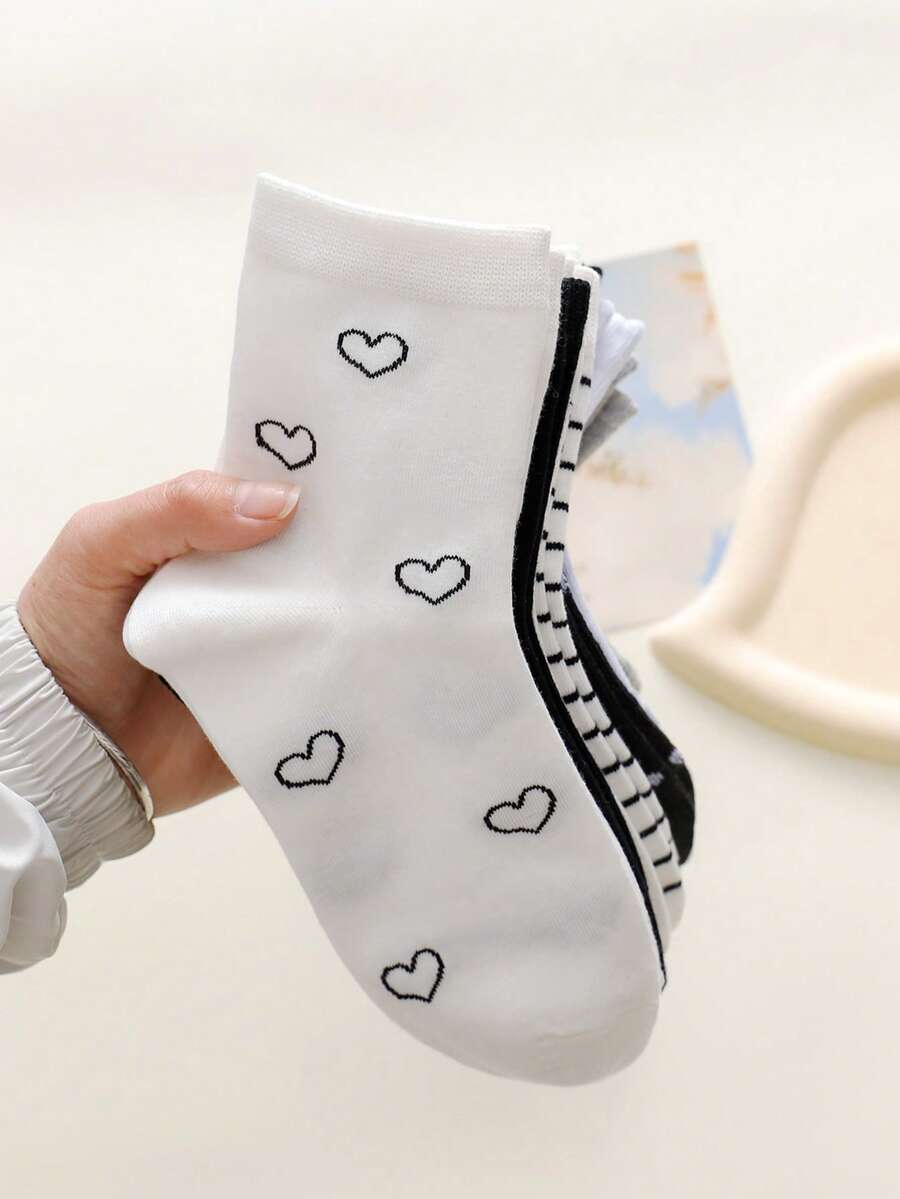 4 Pairs Women's Cute Bow, Heart, Polka Dot, Ruffle Edge Casual Mid-Calf Socks, Versatile For Spring/Summer - Multicolor - View 1