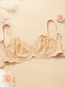 WINGSLOVE Plus Size Floral Lace Bra - Sheer Design, Wireless & Unpadded, Flattering For Larger Busts, Comfortable For Everyday Wear - Apricot - View 6