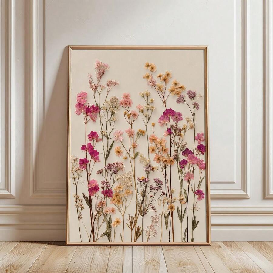 1 szt. Oprawiony/nieoprawiony plakat na płótnie z motywem kwiatowym w stylu boho, pastelowy różowy bukiet dzikich kwiatów, wydruk ścienny, odpowiedni do mieszkania, salonu, sypialni, nowoczesnego wystroju domu, stylu wiejskiego - Wielokolorowe - Zobacz 1