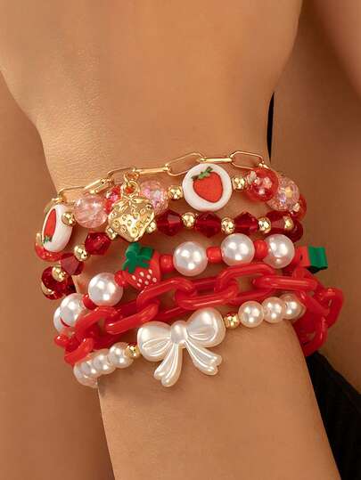 6件套红色软陶草莓、树脂仿珍珠、蝴蝶结装饰手链，适合日常佩戴