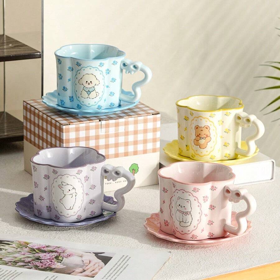 贝壳纹手柄咖啡杯碟套装 北欧风简约马克杯 家用陶瓷杯 复古水杯 - 彩色 - 查看 1