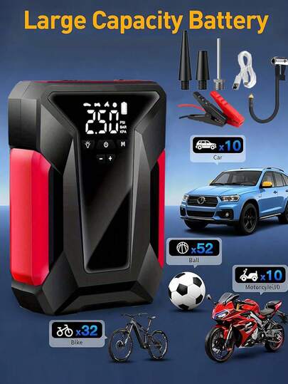 Arrancador de coche con compresor de aire, arrancador de batería de coche portátil, inflador de neumáticos, compresor de aire, accesorios de coche recargables con manómetro y luz LED, adecuado para inflado de neumáticos de coche, bicicleta y motocicleta, balones y talla grande