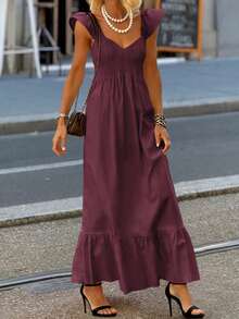 女士春夏连衣裙，红色，时尚休闲，纯色，简约舒适，无肩带设计，优雅短袖连衣裙