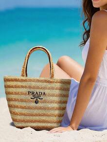 Prada Materiel Straw Tote, Striped Design, Spacious, Crossbody Bag, Beach Bag, Fashion - Brown - View 3