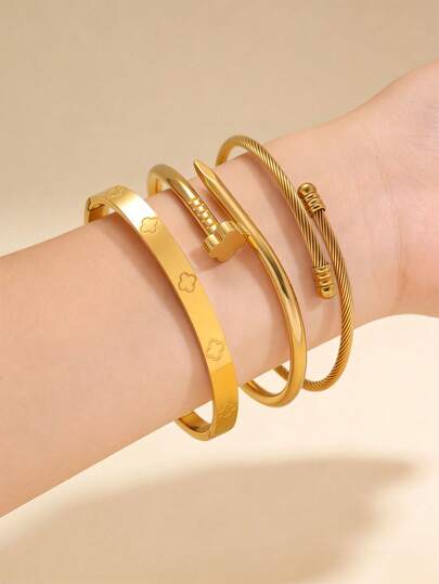 Vintage Versatile Stainless Steel Nail Four-Leaf Clover Bangle Bracelet, Twisted Rope Design For Women, Suitable For Daily Wear And Parties