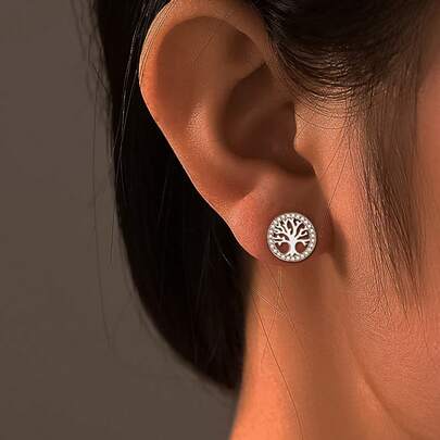 1 Pair Elegant Minimalist Luxury 925 Sterling Silver Cubic Zirconia Geometric Circle Tree Of Life Stud Earrings For Women, Suitable For Daily, Date, Party, Gift