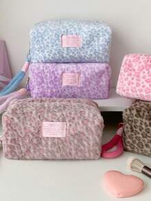 Leopard Print Plush Handbag, Portable Cosmetic Organizer Bag, Travel Large Capacity Clutch, Coin Purse - Multicolor - View 4