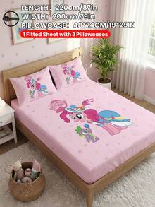 MY LITTLE PONY 2/3pcs  Printed Bedding Set, Including Fitted Sheet, Mattress Protector, Soft & Breathable, Suitable For All Seasons, Available In Multiple Sizes For Twin/Full/Queen/King Beds, Machine Washable, Cartoon Character Design, Warm Room Decor, Great Gift, Pink, OEKO-TEX Certified - Multicolor - View 13
