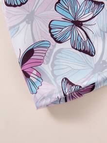 Set de 3 piezas de ropa de primavera/verano para niñas, incluye body con moño, vestido con estampado de mariposa y falda de tirantes, adecuado para fiestas, uso en casa y al aire libre - Morado Violeta - Ver 4