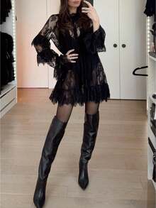 Lace Sheer Mini Dress For Women Turtle Neck Pleated Layered Long Sleeve Ruffle Trim Party Holiday Midi Dress - 黑色 - 查看 1