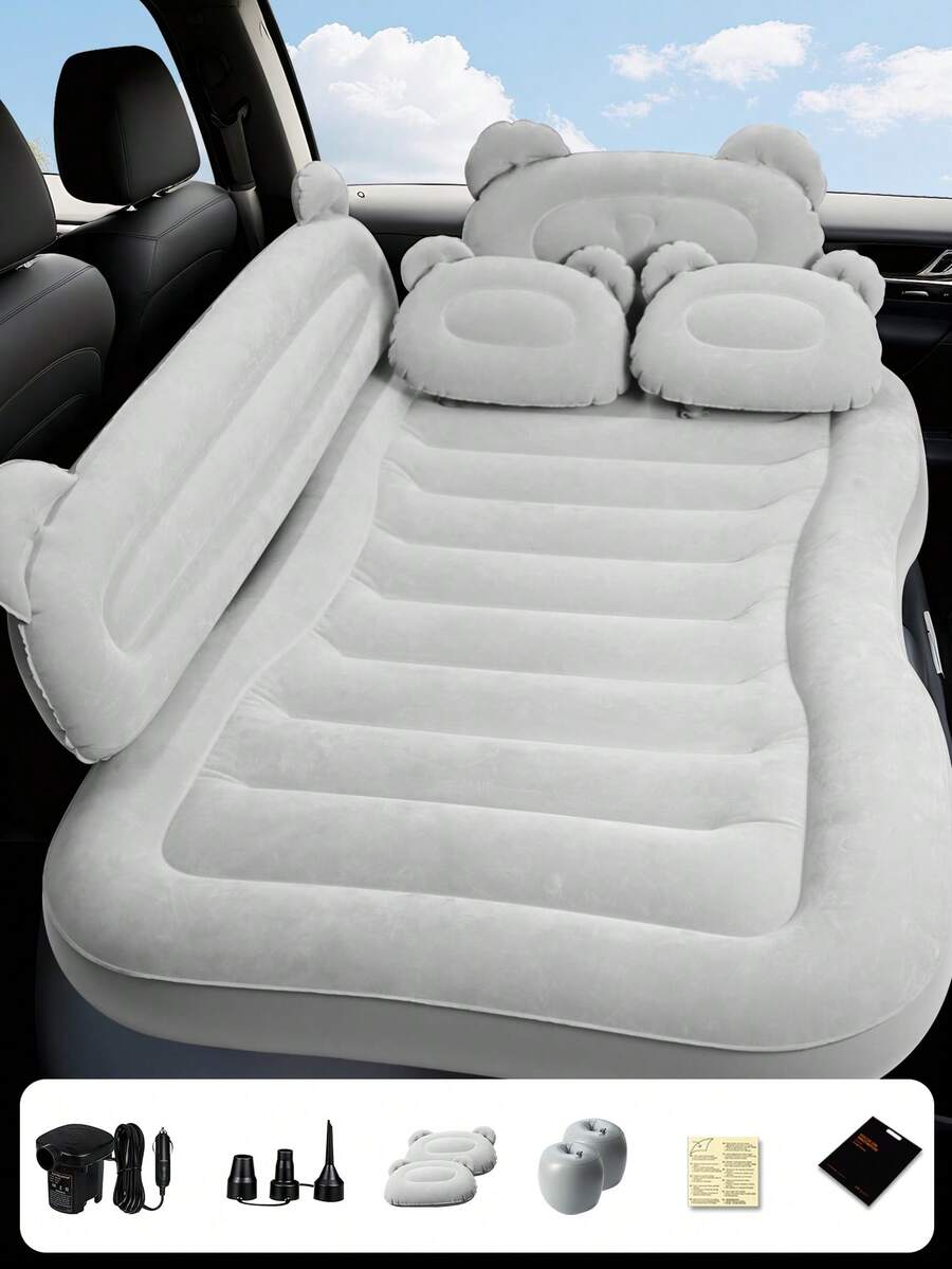 Car Backseat Inflatable Mattress Portable Travel Mattress Thickened Car Mattress Camping Mattress With Electric Air Pump Includes Two Pillows Mattress Size: 53.1 X 33.8 Inches Universal Car Backseat Inflatable Sofa Suitable For Camping, Travel, Home Use (Gray) - Cartoon Version - View 1