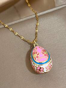 1件18K镀金复古甜美粉色、白色、绿色珐琅花卉图案彩蛋吊坠不锈钢项链，女士奢华珠宝，适合复活节、情人节、派对、晚宴、日常佩戴、约会、狂欢节、新年、婚礼、海滩、圣诞节、周年纪念日、优雅妈妈礼物、波西米亚风珠宝、生日礼物、伴娘礼物 - 彩色 - 查看 4