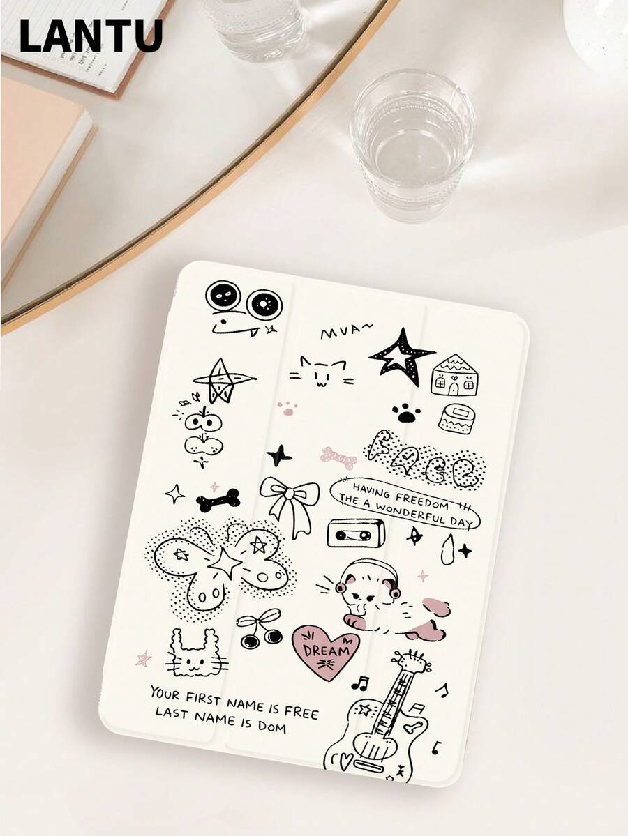 1个可爱猫咪涂鸦印花平板电脑保护套，兼容苹果iPad 10.2英寸/iPad Pro 11英寸（2020/2021款）、iPad（A16）11英寸第11代（2025款）、iPad第9/10代、iPad Air 4代（10.9英寸）、三星Galaxy Tab S6 Lite 10.4英寸等，防摔，带笔槽，支持睡眠/唤醒功能，浪漫礼物 - 彩色 - 查看 1