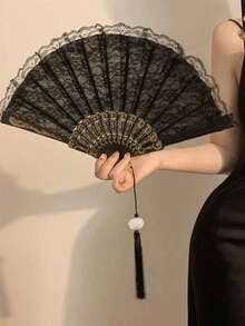 1把复古黑色蕾丝折扇，洛丽塔蕾丝边折扇，优雅复古流苏蕾丝扇，兰花扇（适合舞蹈表演摄影道具），复古中式流苏折扇，古风摄影道具 - 多色 - 查看 2