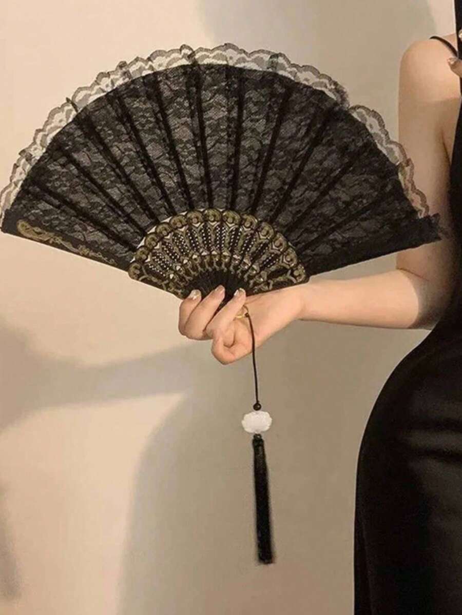 1把复古黑色蕾丝折扇，洛丽塔蕾丝边折扇，优雅复古流苏蕾丝扇，兰花扇（适合舞蹈表演摄影道具），复古中式流苏折扇，古风摄影道具