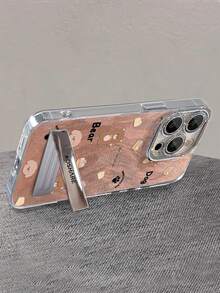 1pc Electroplated Glitter Full Coverage Orange Phone Case With 3D Metal Bear & Dog Stand Holder, Compatible With IPhone11-17 PROMAX