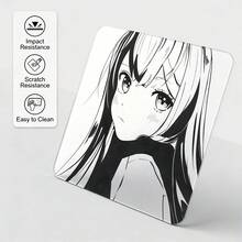动漫少女玻璃鼠标垫 - 黑白线条长发少女硬质鼠标垫，适用于游戏，操控流畅，经久耐用，3mm 厚度 - 防刮纳米涂层，水晶玻璃材质，精准快速，零摩擦。
