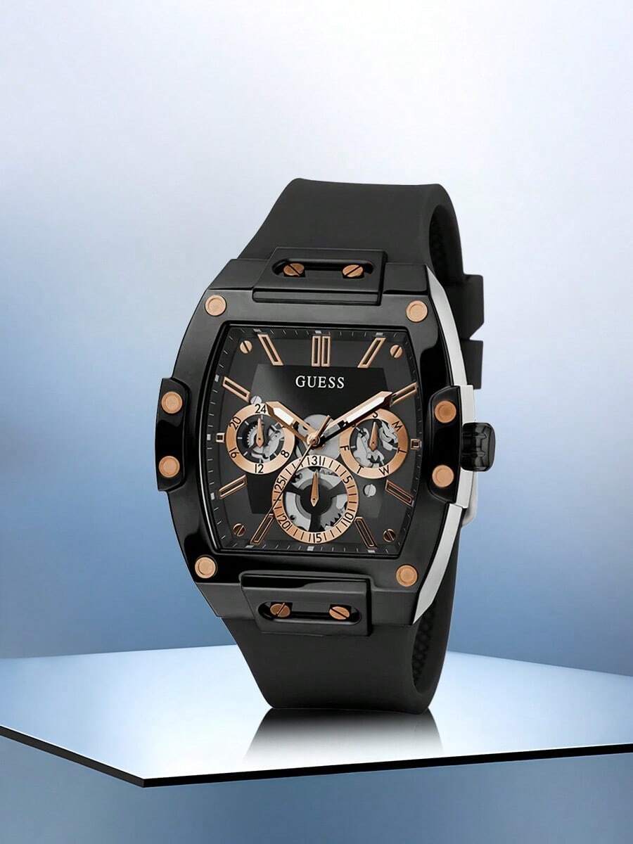 Guess Phoenix Hollow 多功能男士石英表，黄色硅胶表带，黑色桶形表盘，休闲腕表，适合日常街头风和运动装扮，时尚男士礼物，男友/女友之选 - 黑白金 - 查看 1