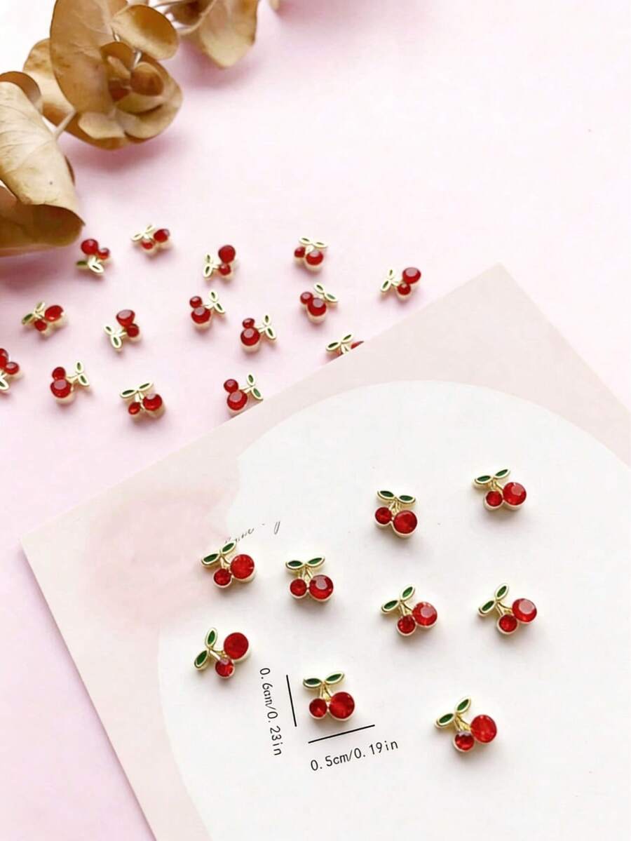 30pcs/Set Artistic Decorations, Spring/Summer Cherry Design, Metal Mini Cherry Nail Stickers, Y2K Style Nail Jewelry, 3D Japanese Elegant DIY Decor, Short Nail Heart Shaped Nail Jewelry, Suitable For Women Nail Art Supplies, Nail Decorations, Nail Gems - Multicolor - View 1