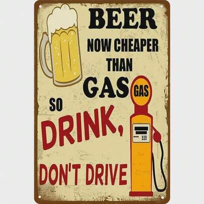 HELLOYOUNG Letrero de metal retro de 8x12 pulgadas con diseño divertido de bomba de gasolina y cerveza sobre conducir ebrio, decoración de pared para garaje, cueva de hombre o bar