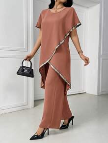 女士休闲度假风亮片饰边裹身不对称下摆长款上衣和阔腿长裤阿拉伯风格服装套装，夏季套装，春假装，情人节装，优雅派对装，生日套装，度假装，春假装 - 卡其色 - 查看 5