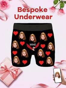 Customized Face Print Men's Briefs, Boxer Briefs With Non-Curling Waistband, Personalized Men's Underwear, Customizable Photo/Image Printed Underwear, Ideal Gift For Boyfriend/Husband, Customized, Winter, Personalized Gift, Anniversary, Holiday - Black - View 6