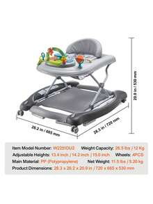 4-In-1 Baby Walker, Foldable Baby Activity Center With Wheels, Adjustable Height, Light, Steering Wheel, Learning-Seated, Walk-Behind, Toy Car, Rocker Toddler Walker For Boys Girls 6-24 Month - 灰色 - 查看 7