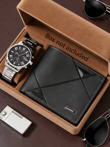 2 piezas Conjunto de reloj de lujo de negocios para hombres, reloj de cuarzo de acero inoxidable con función múltiple y esfera negra, con cartera de cuero negro con relieve. El reloj presenta un diseño de esfera bellamente diseñado y una correa de acero de alta calidad, mientras que la cartera muestra una artesanía de relieve exquisita. - Plateado - Ver 9