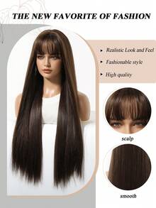Tóc giả dài 30 inch màu nâu có mái, tóc giả thẳng tự nhiên làm từ sợi tổng hợp, phù hợp cho cosplay nữ, đám cưới và các dịp khác, chịu nhiệt, hoàn hảo cho các bữa tiệc, đám cưới và sử dụng hàng ngày. - màu nâu - Xem 9
