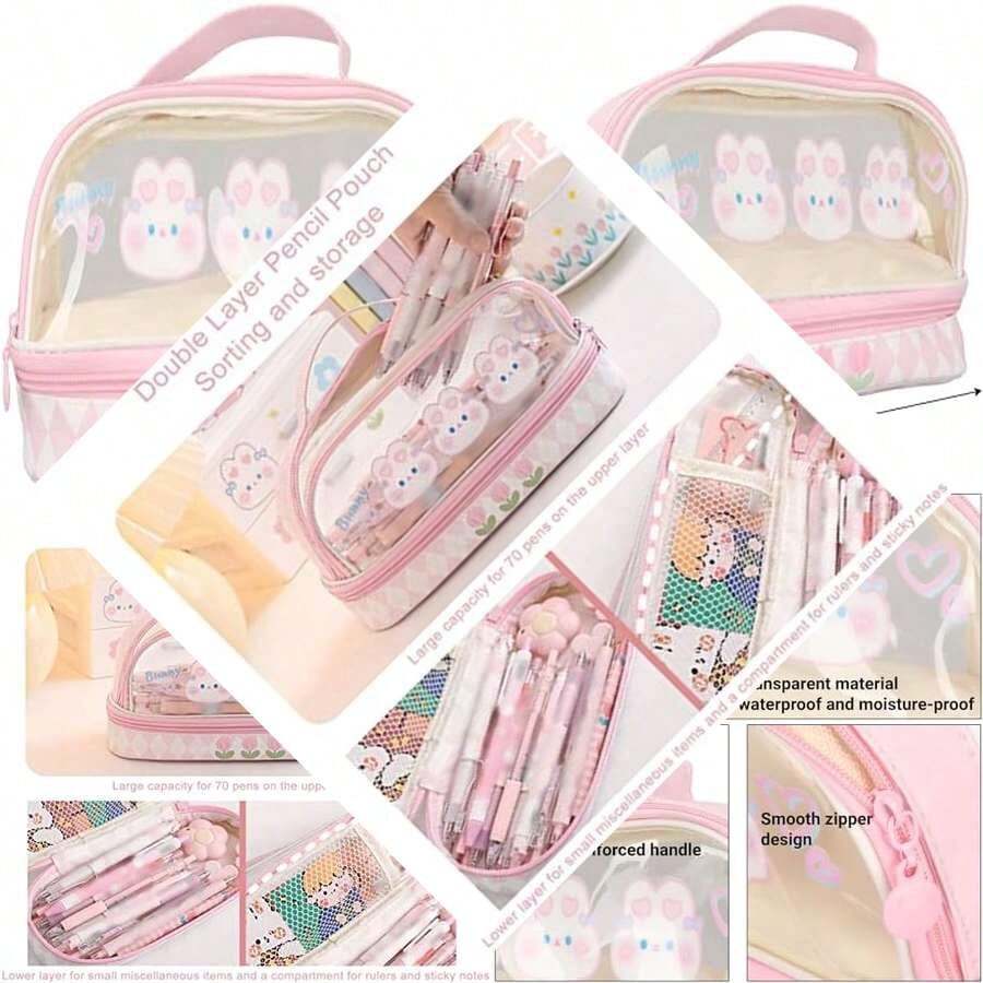 Estuche para Lápices Kawaii Doble Capa Transparente Impermeable Rosa con Asa Ideal para Niñas en la Escuela - como en la foto - Ver 1