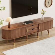 TV Cabinet 69 In With Sliding Door, Walnut Look & Large Storage – Country-Style TV Stand Made Of MDF With Open Shelves, Drawers & Cabinet – Natural Design - Wood + MDF - View 8